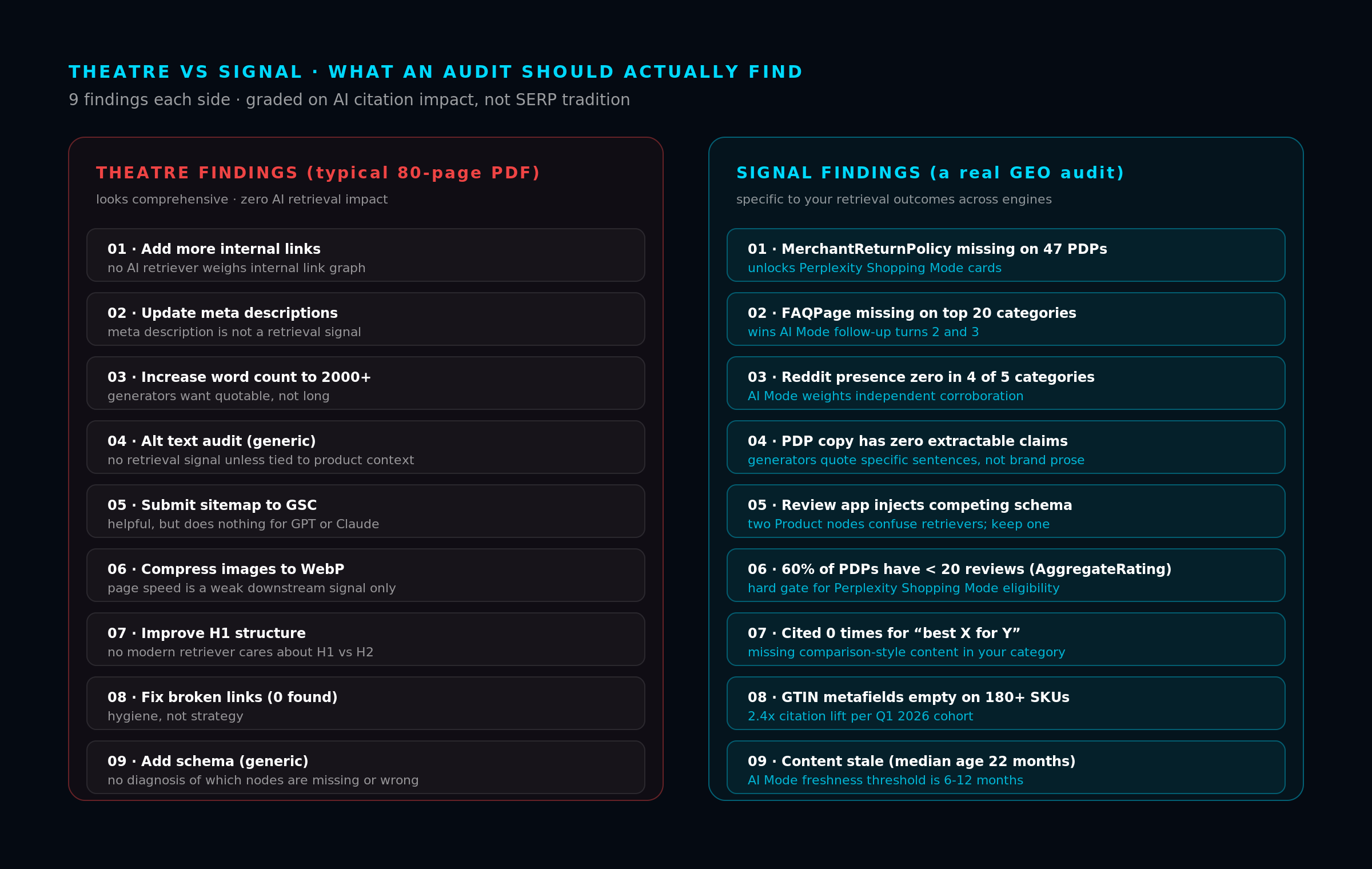 Two-column comparison. Left red column lists nine theatre findings like Add more internal links, Update meta descriptions, Increase word count to 2000 plus, Add alt text, Compress images, Submit sitemap, Fix H1 structure, Install HTTPS, Mobile friendly test. Each has a subtext explaining why it does not move AI citation share. Right cyan column lists nine signal findings like MerchantReturnPolicy missing on 47 PDPs, FAQPage missing on top 20 categories, Reddit presence zero in 4 of 5 categories, Product offer price stale on 12 PDPs, Claude retrieval path untested, Perplexity shopping mode eligibility failing, ChatGPT citation frequency decaying, AI Mode turn 2 coverage missing, cross-engine share monitoring absent. Each has a subtext explaining the retrieval mechanic it fixes.